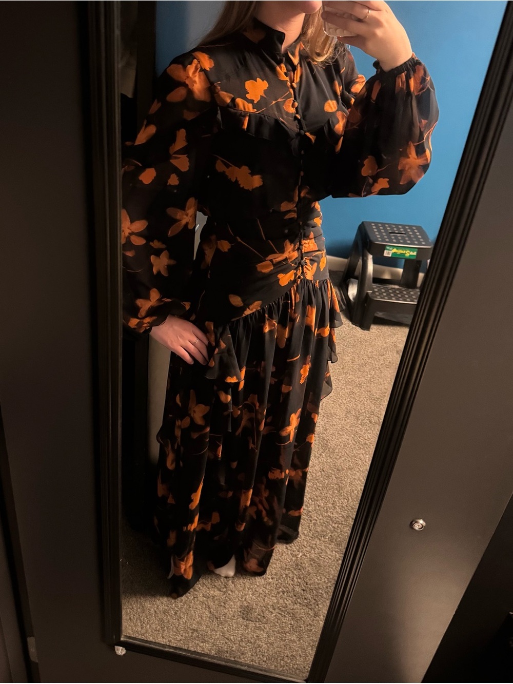 Black Floral Long Sleeve Maxi Dress with Orange Print